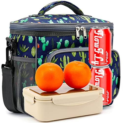 FlowFly Insulated Reusable Lunch Bag Adult Large Lunch Box for Women and Men with Adjustable Shoulder Strap,Front Zipper Pocket and Dual Large Mesh Side Pockets,Cactus - color: Cactus