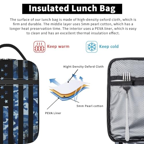 Navy Camo Camouflage Hunting American Flag Insulated Lunch Bag Portable Reusable Zipper Lunch Box For Men Women Work Picnic Travel Camping - color: Black11