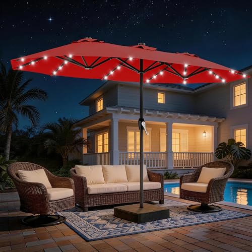 AreShark 15FT Patio Umbrella with Solar Lights, Double Sided Outdoor Table Umbrellas with Crank, Large Rectangular Market Umbrella for Porch, Lawn, Pool, Backyard, Red - color: Red, size: 9x15 Ft