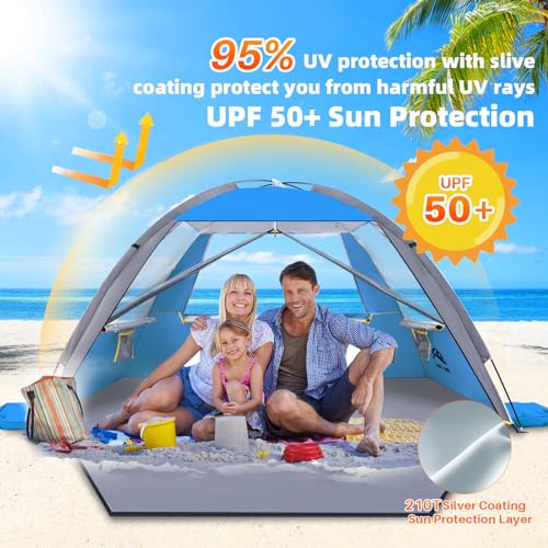 Happy Travel Beach Tent, UPF 50+ UV Protection Sun Shade Shelter for 3/4/5/6/7/8 Person, Portable Beach Canopy for Family & Baby, Lightweight & Easy Setup Beach Cabana with 3 Ventilation Mesh Windows - color: Dark Blue, size: 4 Person