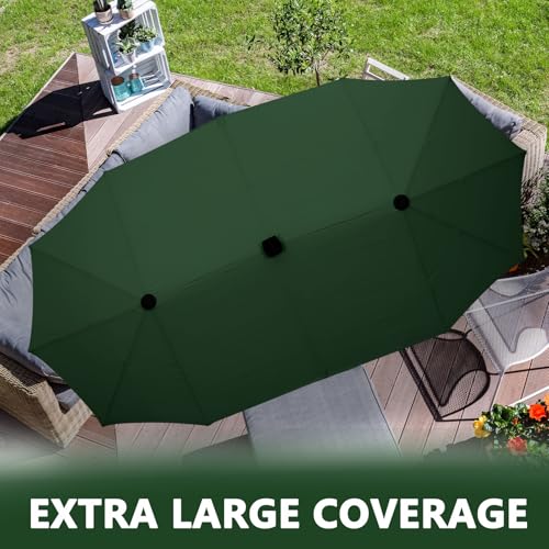 13Ft Large Patio Umbrella with Base Outdoor Double-Sided Market Extra Large Table Umbrella With Solar Lights Easy Crank for Yard, Poolside, Deck-Green - color: Green, size: 13FT Umbrella+Light+Base