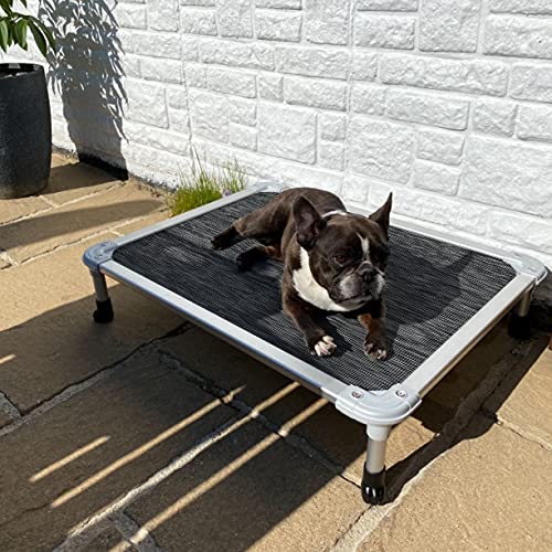 Veehoo Chew Proof Elevated Dog Bed - Cooling Raised Pet Cot - Silver Aluminum Frame and Durable Textilene Mesh Fabric, Unique Designed No-Slip Feet for Indoor or Outdoor Use, Black Silver, Medium - color: Black Silver, size: 32.0"L x 25.0"W x 7.0"Th