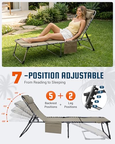 KingCamp Tanning Chair with Face Hole, Lounge Chairs Outdoor Folding Comfy Adjustable 5-Position Lay Flat Foldable Chaise Chaser Lounger for Outside Beach Patio Sun Bathing Pool, Beige - color: B*sunbask Face Hole——beige Face Hole, style: 400lbs&Pinch-Pro