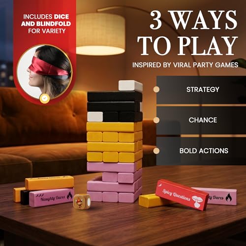 Risk or Drink - Naughty Wooden Block Tower Game for Couples, Freak or Drink 54 Challenges + Blindfold & Dice, Date Night Dares, Do or Drink, Valentine's Day