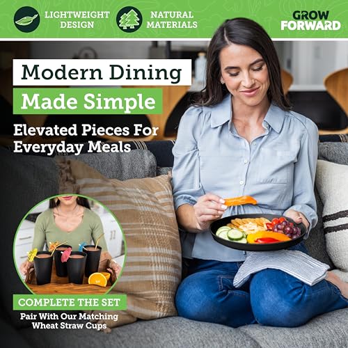 Grow Forward Premium Wheat Straw Plates - 10 Inch Reusable Hard Plastic Dinner Plates Set of 8 - Unbreakable Microwave Safe Plates for Dessert, Camping, RV, Outdoors, Patio, Kitchen Dishes - Midnight - color: Midnight Black, size: 10 inch