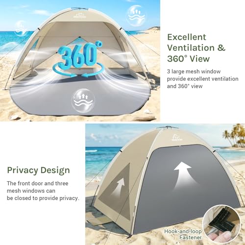 Wolfwise Large Beach Tent Sun Shelter for 3-4 Person, Spacious Sun Shade UPF 50+ UV Protection, Extendable Floor for Privacy, 3 Ventilated Mesh Windows, Portable with Carrying Bag, 95 ″x65″x55″,Beige - color: Beige