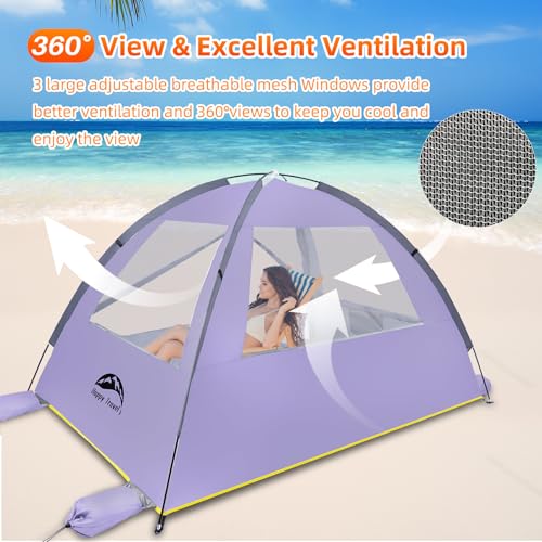 Happy Travel Beach Tent, UPF 50+ UV Protection Sun Shade Shelter for 3/4/5/6/7/8 Person, Portable Beach Canopy for Family & Baby, Lightweight & Easy Setup Beach Cabana with 3 Ventilation Mesh Windows - color: Purple, size: 3 Person