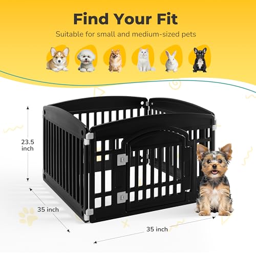 24" Plastic Dog Playpen 4-Panel Durable Pet Playpen for Puppies & Small/Medium Dogs, Portable & Foldable Pet Fence with Secure Locking Door, Black