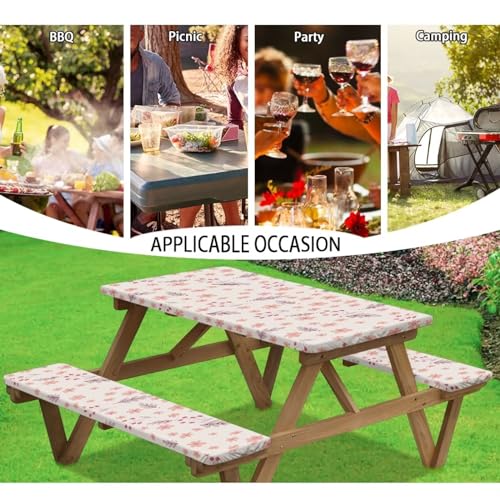 Picnic Table Cover for Outdoor BBQ Camping Floral Leave Elastic Picnic Table Cover with Bench Covers for Camping Party Supplies - color: Floral Leave, size: Small