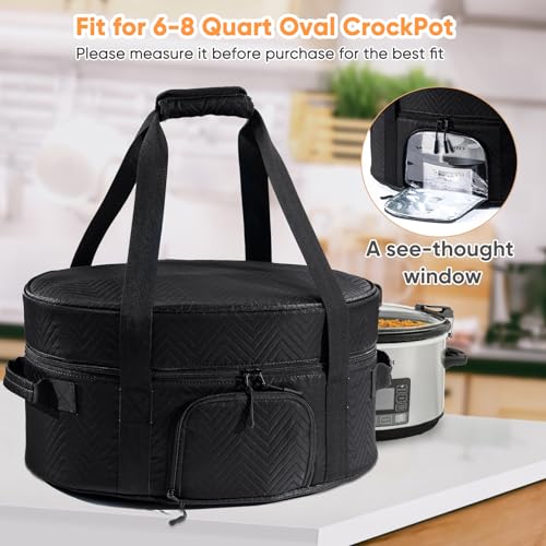 Insulated Slow Cooker Carrying Bag for 6-8 Quart CrockPot and Hamilton Beach Slow Cooker with See-thought Window, Portable Carrier Case with Adjustable Band and Accessory Pocket - color: Black