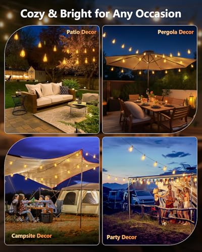 Brightown 52FT Solar String Lights Outdoor Waterproof with Remote, 15+1 LED Shatterproof Bulbs, Dimmable & Timable, 3 Light Modes - Commercial Grade Patio Lights for Garden Backyard Party Decor - size: 52FT(15 Sockets)
