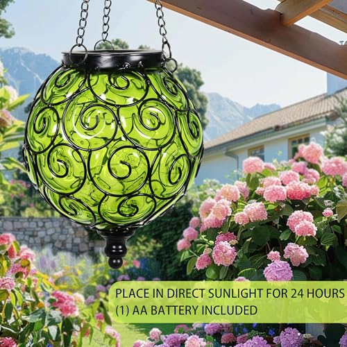 Solar Hanging Lantern Outdoor Garden Lights, Round Glass and Metal Hanging Lantern, 15 Firefly LED Lights, 7 x 20 Inch (Green) - color: Green