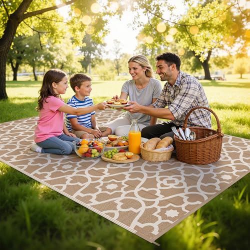 HEBE Outdoor Rug Waterproof 6x9, Plastic Straw Rug Camping Rug, Reversible Outdoor Patio Rugs RV Mat Clearance, Indoor Outside Floor Carpet for Porch,Deck,Camper,Balcony,Backyard - color: Beige, size: 6' x 9' (Rectangular)