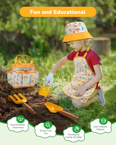 Grenebo Kids Gardening Set Toys,Includes Metal Trowel,Transplanting Shovel,Garden hat,Rake,Apron,Gloves,Watering Can,and Tool Organizer Bag (Yellow) - color: E-yellow