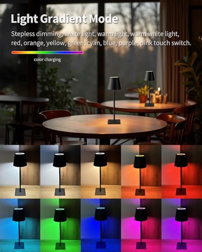 KDG 2 Pack Cordless Table Lamp, RGB Color Stepless Dimming Up, 4000mAh Battery Operated Portable LED Desk Lamp, for Dinning Room, Bedroom, Bar, Outdoor Garden, Camping, Night Light (Black) - color: RGB Black-2