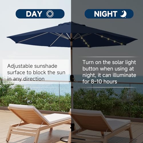 10FT 40-LED Solar Lighted Aluminum Patio Umbrella, Fade-Resistant Outdoor Market Table Umbrella with Push Button Tilt Function, 8 Sturdy All-Aluminum Ribs for Gardens, Decks, Backyards & Pools - color: Navy Blue, size: 10FT 40LED-1Tier (Aluminum Umbrella)