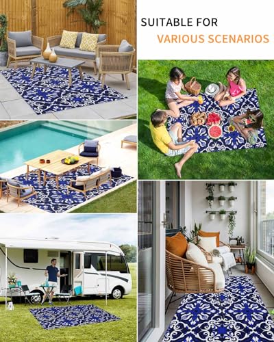 Large Outdoor Rug 6'x9' for Patio Indoor Outdoor Area Rug Boho Flower Line Texture Blue Rugs Outside Patio Rugs Camping Carpet Mat for Spring Picnic - color: Bohemianhoe7414, size: 6' x 9' (Rectangular)