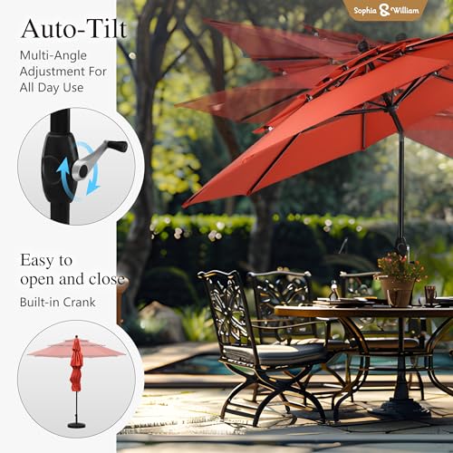 Sophia & William 10ft 3 Tier Auto-tilt Patio Umbrella,Wind Resistent,Outdoor Patio Umbrellas Double Vented Umbrella with Crank for Pool Garden Backyard, Red - color: Orange Red