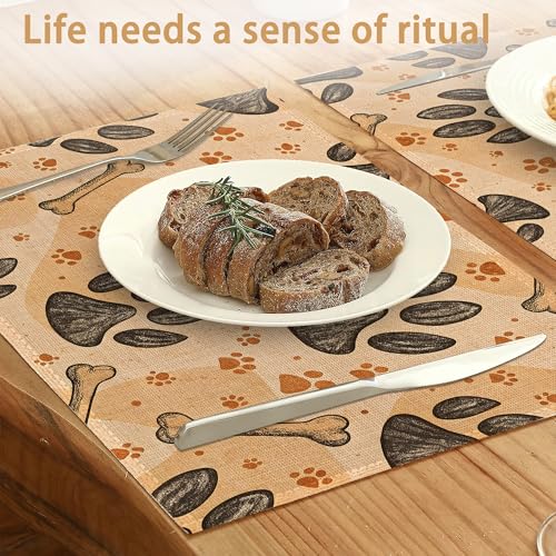 Dog Paws Placemats Set of 6,Bones Table Mates Non-Slip Heat Resistant Washable Linen Place Mats for Party Kitchen Dining Decoration Indoor Outdoor 12"x18" - color: Dog Paws,bones