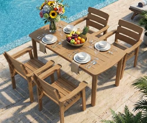 5-Piece Outdoor Dining Set, All-Weather HIPS Patio Table & Chairs for 4, Outdoor Furniture with Umbrella Hole, Ideal for Garden, Poolside, Backyard, Deck, Teak - color: Teak, size: 5 Pcs (1t+4c)