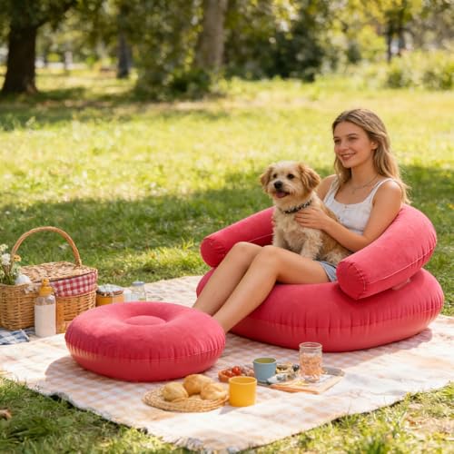 Inflatable Lounge Chair – Flocking PVC 73x73x52cm | Flocked Lounger Seat Lightweight Air Sofa | Portable Blow Up Chair for Outdoor Beach Pool Stadium Travel Living Room and Bedroom Use - color: Hot Pink