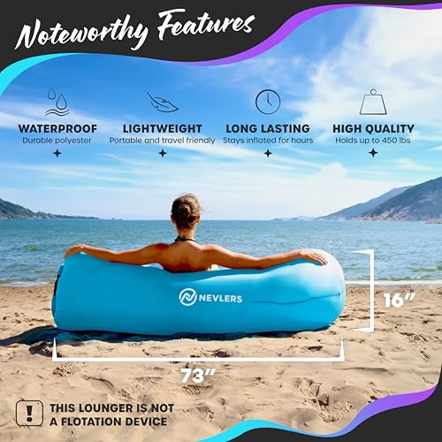 Nevlers Blue Inflatable Couch | 210T Polyester Blow Up Couch | No-Pump Inflatable Sofa | Blow Up Chair w/ 450lbs. Capacity, Pockets & Matching Bag | Compact Lounger for use as Beach Accessories - color: Blue, size: 1 Pack