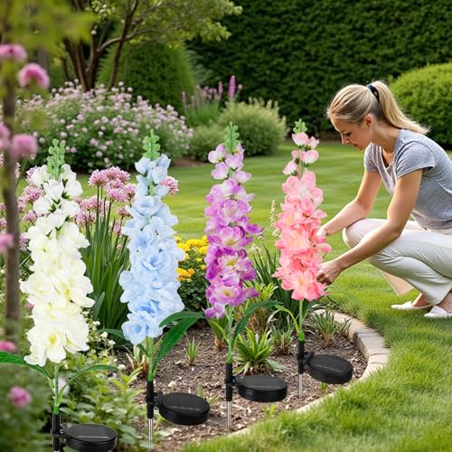 4 Pack Color Changing Solar Lights Outdoor Waterproof, Solar Delphinium Flower Stake Lights Auto ON/Off Solar Garden Lights for Spring Lawn Pathway Landscape Birthday Gifts for Mom Women Grandma - color: Delphinium Flowers