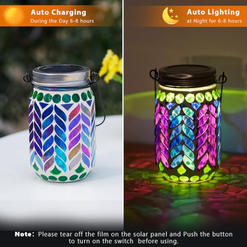 Stargarden Mosaic Solar Lantern ,Waterproof Outdoor Hanging Jar Lights, Mosaic Lights Solar Garden Decor for Patio Pathway Yard - color: Colorful Leaf