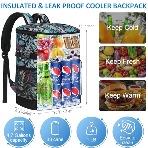 Tenot Cooler Backpack 33/40 Cans Backpack Coolers Insulated Leak Proof Soft Beach Cooler Bag for Men Women Ice Chest Backpack Camping Hiking Picnic Travel Cooler Lunch Backpack - color: Blue Leaves, size: 33 Cans