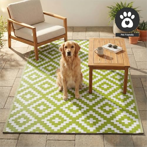 FH Home Outdoor Rug - Waterproof, Fade Resistant, Reversible - Premium Recycled Plastic - Geometric - Large Patio, Deck, Sunroom, Camping, RV - Aztec - Green & White Crease Free - 6 x 9 ft - color: Aztec - Green & White, size: 6' x 9' (Rectangular)