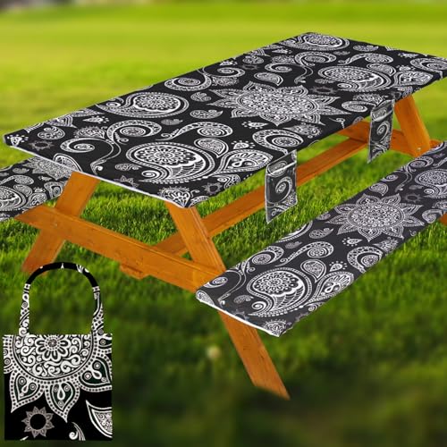 Picnic Table Cover with Bench Covers Table Cloth Tablecloth Summer Outdoor Rv Patio Tent Camping Glamping Campsite Camper Essentials Accessories Items Gear Gadgets Stuff Necessities Supplies Must Have - color: Black Paisley, size: 96in
