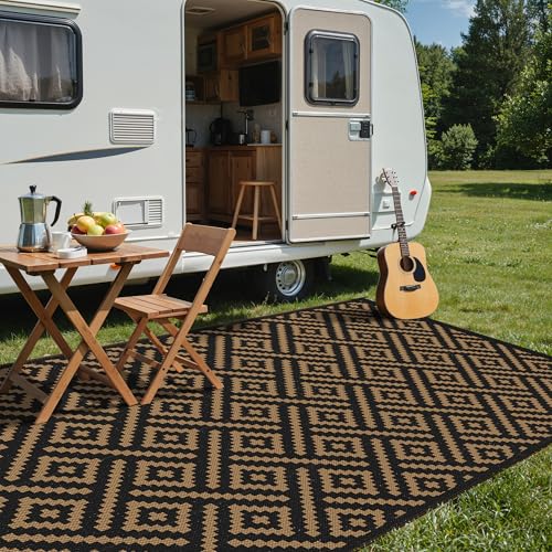 sarben Outdoor Rug for Patio - Waterproof Plastic Straw Camping Rugs 10x20 ft, Reversible Outdoor Indoor RV Mat Carpet for Patio, Porch, Deck, Balcony, Picnic, Beach, Black Brown - color: Black&brown, size: 10' x 20' (Rectangular)