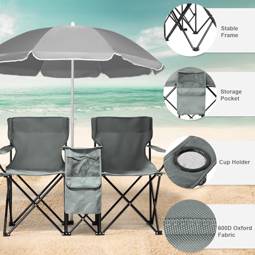 Double Folding Camping Chairs with Umbrella, Portable Camping Beach Chair for Adults, Outdoor 2-Seat Lawn Soccer Camp Chair with Shade Canopy, Cup Holder Cooler Bag for Sports Lawn Patio Outside Grey - color: Grey