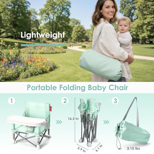 Tiny Marvels Portable Booster Seat, Foldable Baby High Chair with Removable Tray, Safety Harness & Carry Bag – for Toddlers Ages 6M-3Y, Ideal for Dining, Travel, Camping & Family Time - color: Green