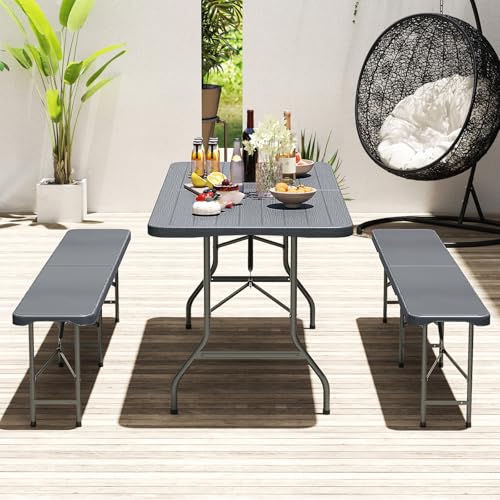 Goplus 6ft Plastic Folding Table, 350 LBS Indoor Outdoor Heavy Duty Portable Folding Tables with HDPE Tabletop, Handle, Lock, Foldable Rectangle Utility Card Table for Picnic, Party, Camping, Dining - color: Grey