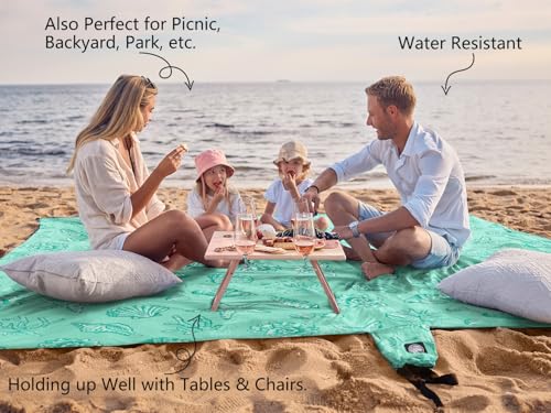 WEKAPO Beach Blanket Waterproof Sandproof Oversized, Extra Large Beach Mat Sand Free, Lightweight & Compact Sand Free Mat with 5 Stakes & 4 Corner Pockets - color: Turquoise Shells, size: 8 x 7 FT (1～4 person)