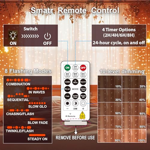 HXWEIYE 300LED Fairy Curtain Lights, 9.8x9.8Ft USB Plug-in 8 Modes Christmas String Hanging Lights with Remote for Bedroom Backdrop Wedding Indoor Wall Decor, Orange, Standard – 1 Pack - color: Orange, size: Standard – 1 Pack