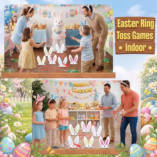 Sanwuta 38 Pcs Easter Ring Toss Games for Kids Easter Party Game 6 Bunny Ear Wooden Number Targets and 20 Toss Rings for Indoor Outdoor Family Spring Carnival Party Favor Yard Activities Decoration