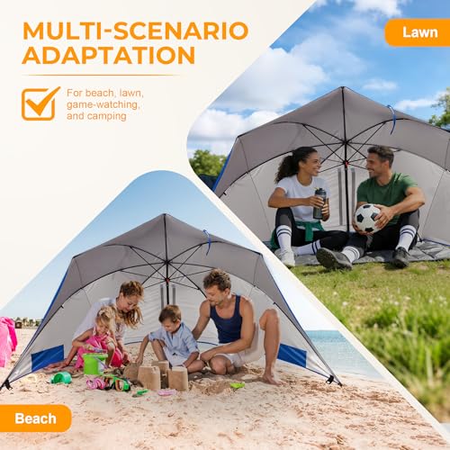 HOMEDEMO Beach Umbrella Tent (9.5ft, Blue) with Fan Canopy, 3-in-1 Umbrella Shade for Beach, Picnic, Bleacher, Sports Games - style: Blue