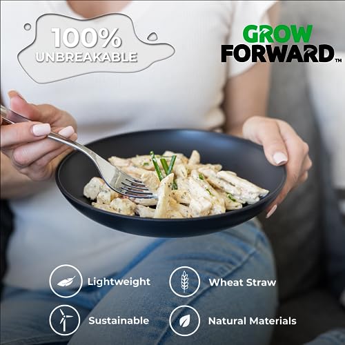 Grow Forward Premium Wheat Straw Pasta Bowls - 30oz Unbreakable Wide & Shallow Dinner Plate Bowls Set of 6 - Microwave Safe Reusable Plastic Pasta Bowls for Kids, Adults, Salad, Camping, RV - Midnight - color: Midnight Black, size: 30oz