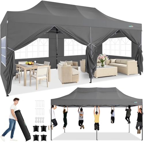 COBIZI 10x20 Heavy Duty Pop Up Canopy Tent with 6 Sidewalls Thicken Frame, Commercial Easy Up Outdoor Wedding Party Tents, All Season Waterproof Windproof with Stakes Sandbags Ropes Roller Bag, Gray - color: Gray, size: 10x20