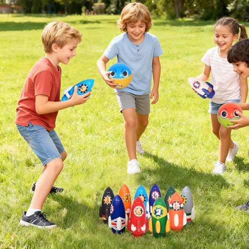 Nattork Rocket Kids Bowling Set - Toddler Bowling Game Indoor Outdoor with 10 Foam Pins 2 Balls, Educational Games Set for Age 4-5,5-12 Kids Birthday Gift