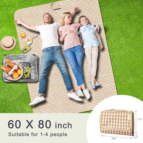 SAMSIER Outdoor Picnic Blankets Waterproof Foldable Sandproof, Large Gingham Cute Picnic Mat Washable Portable for Park Beach Camping Courtyard (Coffee, 60"×80") - color: Coffee, size: 5' x 6'8" (Rectangular)