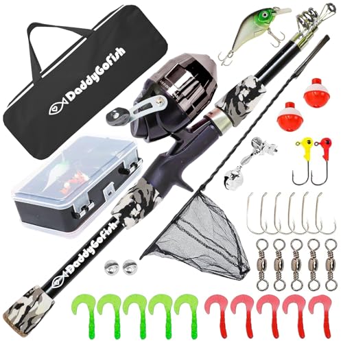 DaddyGoFish Kids Fishing Pole - Rod Reel Combo Tackle Box Starter Set - First Year Small Gear Kit for Boys Girls Toddler Youth Age Beginner Little Children - color: Black (Essential Set), size: 5ft