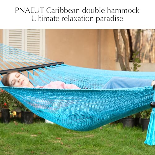 PNAEUT Double Rope Hammocks for Outside, Handwoven Double Caribbean Hammock with Spreader Bar for Outdoor Indoor, Max 600 lbs Capacity (Sky) - color: Sky