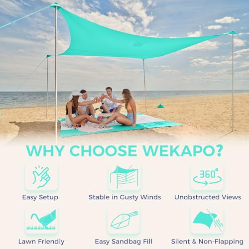 WEKAPO Beach Tent Sun Shelter - Easy Setup Beach Canopy with 4 Sturdy Poles, Large Sandbags and Shovel, 6'7'' Tall, Windproof Sun Shade for Backyard and Camping, UPF 50+ Protection - color: Turquoise, size: 8x8 FT 4 Pole