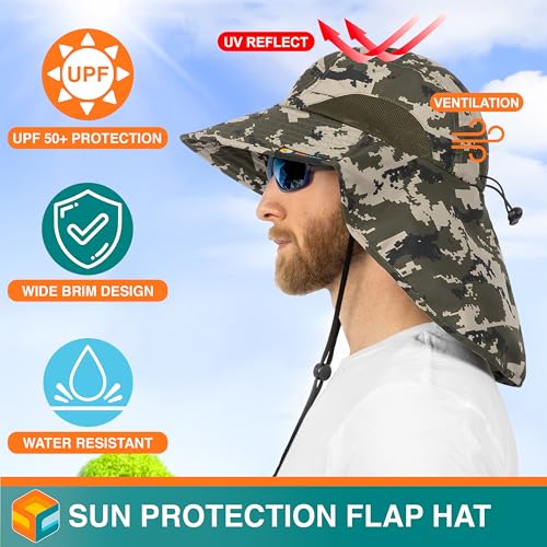 SUN CUBE Wide Brim Sun Hat with Neck Flap, UPF50+ Hiking Safari Fishing Hat for Men Women, Sun Protection Beach Hat - color: Green Camo
