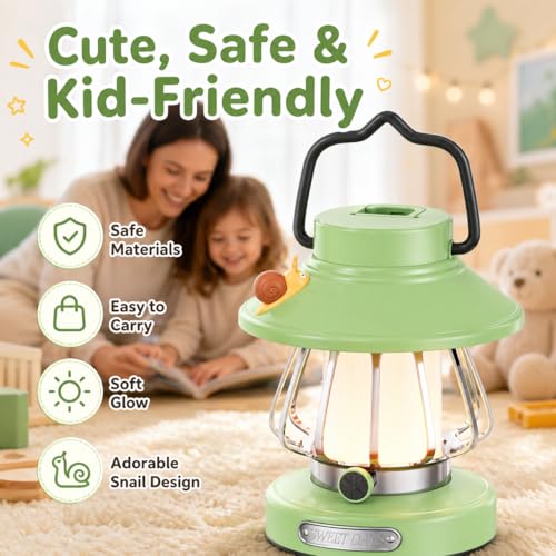 HOMY New Gear lamp for Kids Set Toddler Flashlight Convenient LED Light Rechargeable Battery Operated Outdoor Indoor Essentials Table Portable Night Light Green Gift Electric Camping Lanterns Snail - color: Green