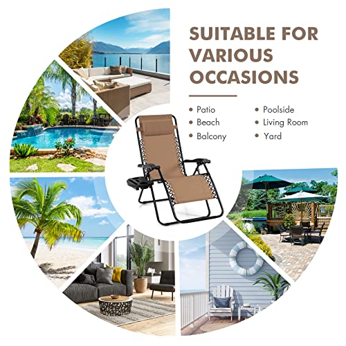 Giantex 2 PCS Zero Gravity Chair Patio Chaise Lounge Chairs Outdoor Yard Pool Recliner Folding Lounge Chair with Cup Holder (Beige) - color: Tan, size: 1 Count (Pack of 2)
