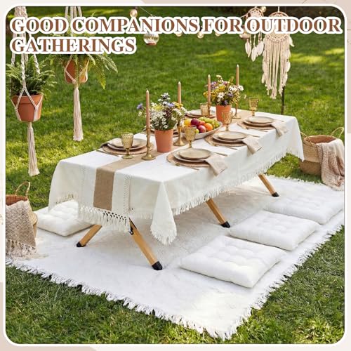 Novabright 10 Pcs Picnic Kit Folding Picnic Table 59'' x 20.5'' Large Outdoor Boho Blanket 91'' x 71'' Beige Table Runner 6 Floor Pillows Cushions Woven Cotton Oversize Washable for Camp Wedding